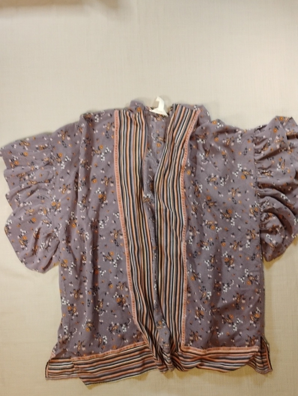 Women's M/L Matilda Jane Lavender Floral Puff-Sleeve Cardigan with Striped Trim